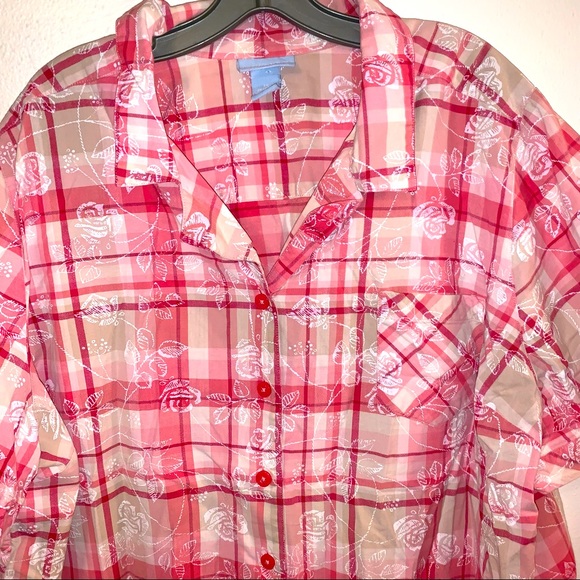 Liz and Me 3X 26/28 Button Down Cotton Plaid Floral Print Shirt - Picture 5 of 10
